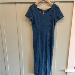 💙 Vintage Blue Denim Tickets Button-Front Midi Dress – Size Large (Approx.) ✨